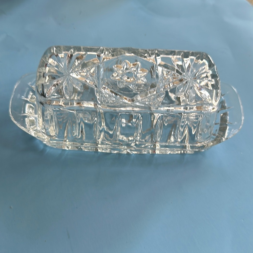 American brilliance butter dish with Star of David pattern,Vintage glass
